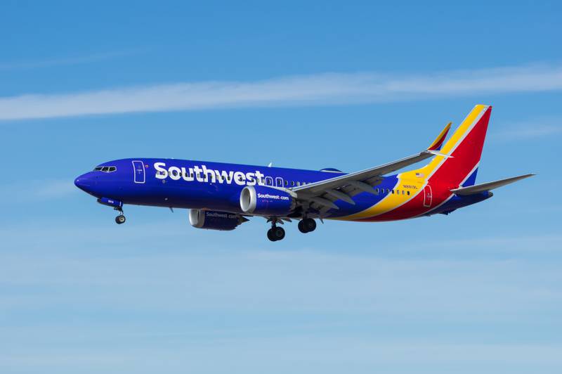 Las Vegas, Nevada, United States - March 4, 2024: Southwest Airlines N8819L, Boeing 737 aircraft shown on final approach at Harry Reid Airport.