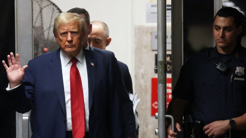 NEW YORK, NEW YORK - APRIL 25: Former President Donald Trump enters Manhattan Criminal Court for the continuation of his hush money trial on April 25, 2024 in New York City. Former U.S. President Donald Trump faces 34 felony counts of falsifying business records in the first of his criminal cases to go to trial. (Pool Photo by Spencer Platt/Getty Images)